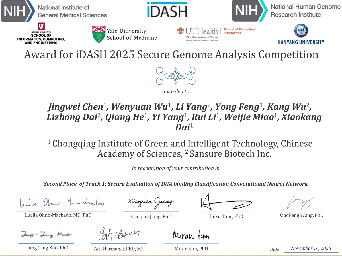 实验室团队获得2025 iDASH 隐私计算竞赛亚军